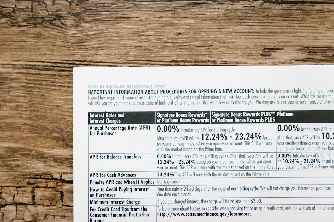 A detailed financial document listing interest rates on a textured wooden table.